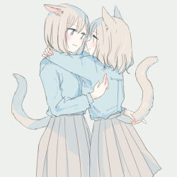 Rule 34 | 2girls, animal ears, arms around neck, blouse, blue eyes, blue shirt, blush, cat ears, cat girl, cat tail, commentary request, facing another, grey hair, holding another&#039;s tail, inutose, long sleeves, looking at another, medium hair, multiple girls, original, school uniform, shirt, simple background, smile, standing, tail, tail grab, yuri