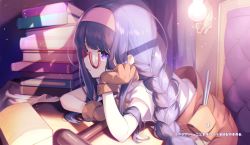 Rule 34 | 1girl, bag, book, braid, braided ponytail, cheat kusushi no slow life, end card, glasses, gloves, hairband, hammer, hand on own face, highres, looking at viewer, lying, nokachoco114, official art, paula (cheat kusushi no slow life), purple eyes, purple hair, solo