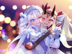 Rule 34 | 2girls, ainu clothes, blonde hair, blue eyes, blue headwear, blurry, blurry background, bokeh, bow, cape, cheek-to-cheek, commentary, depth of field, english commentary, facial mark, fate/grand order, fate (series), fingernails, forehead mark, fur trim, hair bow, heads together, highres, horns, ibaraki douji (fate), ibaraki douji (swimsuit lancer) (fate), ibaraki douji (swimsuit lancer) (third ascension) (fate), illyasviel von einzbern, isagiyo, long hair, mittens, multiple girls, one eye closed, oni, open mouth, sharp fingernails, sidelocks, sitonai (fate), sitonai (third ascension) (fate), twintails, upper body, white hair, white mittens, yellow eyes