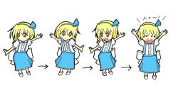 Rule 34 | 1girl, alice margatroid, alice margatroid (pc-98), arrow (projectile), blonde hair, brown eyes, child, comic, dancing, female focus, full body, multiple views, mystic square, open mouth, ribbon, short hair, simple background, standing, touhou, touhou (pc-98), white background
