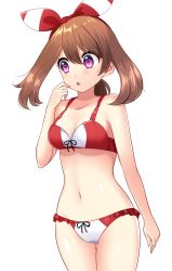 Rule 34 | 1girl, absurdres, bare shoulders, bikini, black bow, blush, bow, breasts, brown hair, cleavage, collarbone, creatures (company), game freak, hair bow, hairband, hand to own mouth, hand up, highres, may (pokemon), may (pokemon oras), medium breasts, navel, nintendo, open mouth, pokemon, pokemon oras, pokemon rse, purple eyes, red bikini, red bow, shiny skin, simple background, solo, standing, swimsuit, white background, yuihico