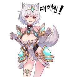 Rule 34 | animal ears, bare legs, bare shoulders, breasts, chest jewel, claw pose, cleavage, cleavage cutout, clothing cutout, commentary request, cosplay, dress, elbow gloves, fang, gem, gloves, grey hair, grey tail, headpiece, inubashiri momiji, leaning forward, looking at viewer, medium breasts, mythra (xenoblade), mythra (xenoblade) (cosplay), open mouth, red eyes, short dress, short hair, simple background, taeminhyeon, tail, teeth, thigh strap, tiara, touhou, upper teeth only, white background, white dress, white gloves, wolf ears, wolf girl, wolf tail, xenoblade chronicles (series), xenoblade chronicles 2