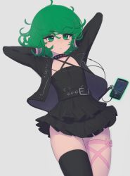 Rule 34 | 1girl, absurdres, arms up, belt, black belt, black collar, black dress, black jacket, black thighhighs, closed mouth, collar, cowboy shot, daniel deves, dress, flat chest, green eyes, green hair, grey background, highres, jacket, long sleeves, medium hair, one-punch man, open clothes, open jacket, phone, simple background, single thighhigh, smile, solo, spiked collar, spikes, tatsumaki, thighhighs