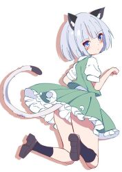Rule 34 | 1girl, animal ears, black socks, blue eyes, blush, bob cut, cat ears, cat girl, cat tail, closed mouth, commentary request, drop shadow, expressionless, frilled skirt, frills, from behind, full body, green skirt, green vest, grey hair, hands up, kemonomimi mode, kneehighs, konpaku youmu, kyuu cat, looking at viewer, looking back, paw pose, puffy short sleeves, puffy sleeves, shirt, shoe soles, short hair, short sleeves, simple background, skirt, socks, solo, tail, touhou, vest, white background, white shirt