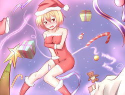 Rule 34 | 1girl, absurdres, arm under breasts, artist request, blonde hair, bodypaint, breasts, covering privates, covering crotch, dress, embarrassed, english text, hat, highres, looking at viewer, medium breasts, naked paint, nipples, nude, open mouth, painted clothes, red eyes, santa costume, santa dress, santa hat, short hair, solo