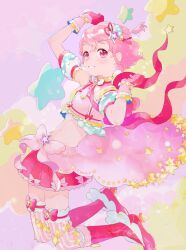 Rule 34 | 1boy, arm up, boots, braid, cosplay, crop top, crossdressing, detached sleeves, frilled skirt, frills, full body, gloves, hair ornament, hand up, high heel boots, high heels, highres, idol clothes, knee boots, looking at viewer, machico maki, male focus, midriff, mole, mole under eye, open mouth, pink eyes, pink footwear, pink gloves, pink hair, pink skirt, pink thighhighs, pretty series, pripara, puffy detached sleeves, puffy sleeves, reona west, short hair, side braid, skirt, smile, solo, star (symbol), star hair ornament, star print, thighhighs, trap, yumekawa yui, yumekawa yui (cosplay)