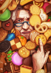 Rule 34 | 1girl, blue-framed eyewear, blue eyes, commentary request, cookie, cookie clicker, eyewear strap, face, food, glasses, grandma (cookie clicker), heart, looking at viewer, old, old woman, parted lips, sassa (cb), solo, white hair, wrinkled skin
