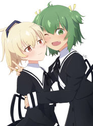 Rule 34 | 2girls, ;d, absurdres, ahoge, andou tazusa, arm around shoulder, artist name, assault lily, black ribbon, black skirt, blonde hair, blush, buttons, cheek-to-cheek, closed mouth, commentary request, cropped jacket, fang, from side, green eyes, green hair, hair between eyes, hair ribbon, hand on another&#039;s arm, hand on another&#039;s shoulder, heads together, high-waist skirt, highres, jewelry, juliet sleeves, kona kuzu, long sleeves, looking at viewer, looking to the side, multiple girls, neck ribbon, one eye closed, open mouth, ponytail, puffy sleeves, purple ribbon, raised eyebrows, red eyes, ribbon, ring, school uniform, shirt, short hair, signature, simple background, skirt, sleeves past wrists, smile, standing, two-tone ribbon, upper body, v, white background, white shirt, yellow ribbon, yoshimura thi mai, yuri, yurigaoka girls academy school uniform