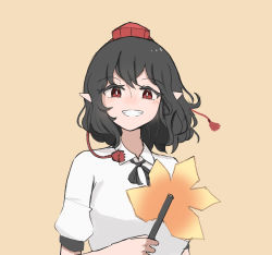 Rule 34 | 1girl, black hair, black ribbon, breasts, collared shirt, hat, hauchiwa, highres, mata (matasoup), pointy ears, pom pom (clothes), red eyes, ribbon, shameimaru aya, shirt, simple background, small breasts, smile, solo, tokin hat, touhou, white background, white shirt