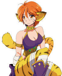 Rule 34 | 1girl, animal ears, bandaged leg, bandages, breasts, breath of fire, breath of fire ii, bustier, capcom, cat ears, cat tail, cleavage, closed mouth, gloves, medium breasts, ooo, orange eyes, orange hair, pointy ears, rinpoo chuan, short hair, simple background, solo, staff, tail, white background