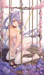 Rule 34 | 1girl, airool, bare arms, bare shoulders, blood, blurry, blush, breasts, cage, chain, chained, collar, depth of field, genshin impact, highres, keqing (genshin impact), kneeling, light purple hair, medium breasts, navel, no shoes, open mouth, pantyhose, petals, purple eyes, revealing clothes, skirt, solo, twintails, two side up, unitard, v-shaped eyebrows, white pantyhose, white skirt, white unitard