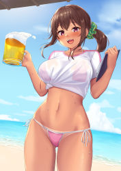 Rule 34 | 1girl, :d, absurdres, alcohol, beach, beer, beer mug, bikini, bikini under clothes, blouse, blue sky, blush, breasts, brown hair, clipboard, cloud, collarbone, commentary request, cowboy shot, crossed bangs, cup, day, floating hair, green scrunchie, groin, hair between eyes, hair ornament, hair scrunchie, highres, holding, holding clipboard, holding cup, large breasts, long hair, looking at viewer, midriff, mug, narrow waist, navel, ocean, open mouth, original, outdoors, pink bikini, ponytail, red eyes, sawada yuusuke, scrunchie, second-party source, see-through, shirt, side-tie bikini bottom, sky, smile, solo, standing, sweat, swimsuit, tan, tanline, teeth, tied shirt, upper teeth only, wet, wet clothes, wet shirt, white shirt