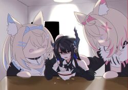 Rule 34 | 3girls, animal ear fluff, animal ears, asymmetrical horns, bare shoulders, black hair, blank room soup, blonde hair, blue eyes, blue hair, colored inner hair, demon horns, dog ears, dog girl, favoritevoidpixel, food, fur trim, fuwawa abyssgard, fuwawa abyssgard (1st costume), hair ornament, hairpin, hololive, hololive english, horns, jacket, ladle, long hair, mococo abyssgard, mococo abyssgard (1st costume), mole, mole under eye, multicolored hair, multiple girls, nerissa ravencroft, nerissa ravencroft (1st costume), pink hair, red eyes, siblings, sisters, soup, streaked hair, table, twins, uneven horns, virtual youtuber, x hair ornament