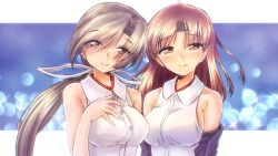Rule 34 | 2girls, armpit crease, bare shoulders, blouse, blurry, blush, bokeh, breasts, brown eyes, brown hair, chitose (kancolle), chiyoda (kancolle), closed mouth, collarbone, collared shirt, depth of field, eyes visible through hair, hair ribbon, half-closed eyes, head tilt, headband, kantai collection, large breasts, long hair, looking at viewer, multiple girls, oekaki lemon, off shoulder, outside border, ponytail, ribbon, shirt, short hair, sleeveless, sleeveless shirt, smile, sparkle, upper body, white ribbon, white shirt
