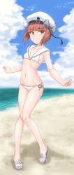Rule 34 | 1girl, absurdres, beach, bikini, blue sky, brown eyes, chiokori basara, clothes writing, cloud, commentary request, day, flat chest, full body, groin, hat, highres, horizon, kantai collection, looking at viewer, lowleg, lowleg bikini, ocean, outdoors, sailor bikini, sailor collar, sailor hat, sandals, short hair, sky, smile, solo, standing, swimsuit, white bikini, white hat, z3 max schultz (kancolle)