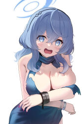 Rule 34 | 1girl, absurdres, ako (blue archive), ako (dress) (blue archive), backless dress, backless outfit, bare shoulders, blue archive, blue dress, blue eyes, blue hair, blush, bracelet, breasts, chain, cleavage, cuffs, dress, hair between eyes, hairband, halo, highres, jewelry, large breasts, looking at viewer, medium hair, mishiro (ixtlolton), open mouth, shackles, sideboob, solo, torn clothes, torn dress
