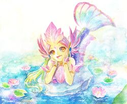 Rule 34 | 1girl, alternate costume, colored skin, facial mark, flower, green hair, green skin, league of legends, lily pad, long hair, lotus, mermaid, mizoreame, monster girl, nami (league of legends), open mouth, river spirit nami, solo, traditional media, water, yellow eyes