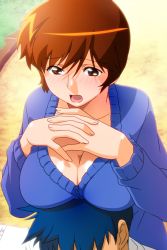 Rule 34 | 1boy, 1girl, blush, breast rest, breasts, breasts on head, brown eyes, brown hair, cardigan, cleavage, interlocked fingers, large breasts, long sleeves, non-web source, official art, open mouth, own hands together, photoshop (medium), short hair, solo focus, super real mahjong, tanaka ryou, toyohara etsuko