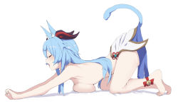 Rule 34 | 1girl, all fours, animal ear fluff, animal ears, ankle bell, barefoot, blue hair, breast rest, breasts, cat ears, cat tail, closed eyes, commentary request, ganyu (genshin impact), genshin impact, goat horns, horns, kemonomimi mode, large breasts, long hair, noa (nagareboshi), open mouth, sideboob, simple background, solo, tail, tail raised, topless, white background