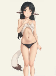 Rule 34 | 1girl, animal ears, bare shoulders, black hair, black panties, blush, breasts, brown eyes, camisole, camisole lift, clothes lift, collarbone, dog ears, eruruu, highres, long hair, looking at viewer, miura-n315, navel, panties, simple background, small breasts, solo, standing, stomach, tail, thighs, underwear, underwear only, utawarerumono, utawarerumono: itsuwari no kamen