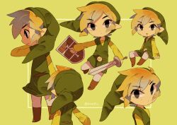 Rule 34 | 1boy, artist name, back, belt, black eyes, blonde hair, blush, boots, brown belt, brown footwear, closed eyes, closed mouth, commentary request, expressionless, green background, green headwear, green shirt, green tunic, grin, hair between eyes, hat, holding, holding sword, holding weapon, link, long sleeves, looking at viewer, looking back, male focus, multiple persona, multiple views, nintendo, pointy ears, shield, shirt, short hair, sidelocks, simple background, sitting, smile, sword, teeth, the legend of zelda, the legend of zelda: phantom hourglass, the legend of zelda: spirit tracks, the legend of zelda: the wind waker, tokuura, toon link, tunic, twitter username, u u, v-shaped eyebrows, weapon
