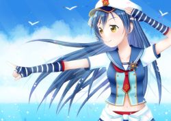 Rule 34 | 1girl, aqua bow, artist name, artist request, bird, blue bow, blue gloves, blue hair, blue sailor collar, blue skirt, blue sky, blush, bow, breasts, brown eyes, clothes around waist, cloud, collarbone, day, female focus, fingerless gloves, floating hair, frilled skirt, frills, gloves, hair between eyes, hat, hat bow, highres, jacket, jacket around waist, long hair, looking at viewer, looking to the side, love live!, love live! school idol festival, love live! school idol project, military, military uniform, miniskirt, naval uniform, navel, neckerchief, necktie, ocean, outdoors, parted lips, peaked cap, plaid, plaid skirt, pleated, pleated skirt, pointing, pointing to the side, red neckerchief, red necktie, sailor collar, salute, seagull, short sleeves, skirt, sky, small breasts, smile, solo, sonoda umi, star (symbol), striped bow, striped clothes, striped gloves, uniform, wavy hair, white hat, yellow eyes