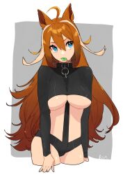 Rule 34 | 1girl, animal ears, arms at sides, black shirt, black shorts, blue eyes, breasts, brown hair, candy, cleavage, collar, cropped legs, food, hair between eyes, highres, impossible clothes, impossible shirt, large breasts, lollipop, long hair, long sleeves, micro shorts, mouth hold, multicolored hair, original, rongai rongai, shirt, shorts, signature, solo, streaked hair, underboob
