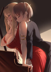 Rule 34 | 2girls, behind another, blonde hair, blue eyes, blush, breasts, brown hair, butterfly hair ornament, cartonbox (zhixiang zhi), closed eyes, covering own mouth, dress, grabbing, grabbing another&#039;s breast, grabbing from behind, groping, hair ornament, hand over own mouth, hand under clothes, long hair, multiple girls, nail polish, parted lips, red dress, red nails, saratoga (warship girls r), short hair, teeth, tongue, upper teeth only, warship girls r, wisconsin (warship girls r), yuri
