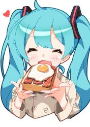 Rule 34 | 1girl, ahoge, alternate costume, aqua hair, bacon, bread, closed eyes, eating, egg, facing viewer, food, fuusen neko, hatsune miku, heart, highres, holding, holding food, long hair, long sleeves, open mouth, pajamas, simple background, solo, twintails, upper body, vocaloid, white background