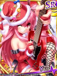 Rule 34 | 10s, 1girl, alternate costume, angel beats!, bridal gauntlets, chain, copyright notice, elbow gloves, fishnet thighhighs, fishnets, foreshortening, gloves, grin, guitar, hat, instrument, long hair, one eye closed, pink eyes, pink hair, red hat, santa costume, santa hat, smile, solo, thighhighs, twintails, two side up, yui (angel beats!), zen