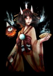 Rule 34 | 1other, androgynous, bad id, bad twitter id, black background, blue fire, bow, bowl, brown kimono, brown sleeves, burabura, candle on head, commentary, cropped legs, english commentary, eyelashes, fangs, fingernails, fire, hairband, hairpin, headband, highres, holding, holding bowl, holding weapon, horns, japanese clothes, kimono, lantern, len&#039;en, light particles, long sleeves, looking at viewer, luo qiangwei, mouth guard, multiple hairpins, open mouth, orange eyes, other focus, pink lips, red bow, red hairband, red headband, sharp fingernails, simple background, taira no chouki, v-shaped eyebrows, waist bow, weapon, white horns, wide sleeves