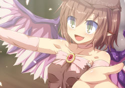 Rule 34 | 1girl, animal ears, bare shoulders, blush, breasts, fang, gradient background, hat, multiple girls, mystia lorelei, no nose, outstretched arms, pink hair, short hair, small breasts, smile, solo, touhou, umarutsufuri, wings