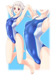 Rule 34 | 1girl, absurdres, arashi chisato, armpits, arms up, barefoot, blue one-piece swimsuit, blunt bangs, breasts, clothes writing, collarbone, competition swimsuit, covered navel, double bun, full body, hair bun, highleg, highleg swimsuit, highres, jumping, long hair, looking at viewer, love live!, love live! superstar!!, multicolored clothes, multicolored swimsuit, one-piece swimsuit, open mouth, red eyes, round teeth, single sidelock, small breasts, smile, solo, swimsuit, takafumi, teeth, twintails, upper teeth only, white hair, zoom layer