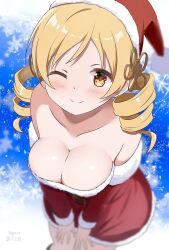 Rule 34 | 1girl, artist name, bare shoulders, belt, blurry, blush, breasts, cleavage, closed mouth, collarbone, commentary, dress, drill hair, fur-trimmed dress, fur-trimmed sleeves, fur trim, hair ornament, hat, highres, large breasts, leaning forward, light smile, long hair, looking at viewer, mahou shoujo madoka magica, nagare (flow), one eye closed, red dress, red hat, santa hat, snowflakes, solo, tomoe mami, twin drills, twitter username, v arms