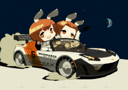 Rule 34 | 2girls, animal ears, bright pupils, brown eyes, brown hair, car, commentary, convertible, driving, earth (planet), english commentary, frown, gloves, highres, looking at viewer, motor vehicle, multiple girls, open mouth, original, planet, rabbit ears, rikona, smile, smoke, space, spacesuit, spoiler (automobile), sports car, tesla (company), tesla roadster, vehicle focus, waving, white car, white gloves, white pupils