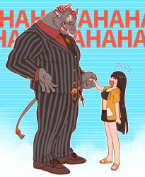 Rule 34 | 1boy, 1girl, bara, black hair, black necktie, black shirt, black shorts, brown footwear, collared shirt, cropped shirt, fingernails, from side, furry, furry male, grey jacket, grey pants, gyumao (housamo), handshake, highres, horns, jacket, laughing, long hair, long sleeves, midriff, minotaur, necktie, open mouth, pants, protagonist 2 (housamo), red shirt, sandals, scar, scar on face, shirt, shorts, size difference, striped background, striped clothes, striped horns, striped jacket, striped pants, sumi wo hakuneko, sweatdrop, tail, tokyo houkago summoners, very long hair