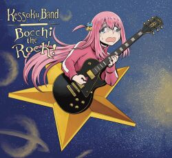 Rule 34 | 1girl, album cover, album cover redraw, blue eyes, bocchi the rock!, cover, cube hair ornament, derivative work, electric guitar, gibson les paul, gotoh hitori, guitar, hair between eyes, hair ornament, hair over eyes, highres, holding, holding instrument, instrument, jacket, long hair, music, one side up, parody, pink hair, pink jacket, playing instrument, smashing pumpkins, solo, track jacket, tsunamino yuu
