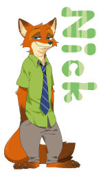 Rule 34 | 1boy, animal ears, animal hands, aqua eyes, blue necktie, character name, claws, english text, fox ears, fox tail, full body, furry, furry male, green shirt, grey pants, half-closed eyes, hands in pockets, hatenakayubi, looking at viewer, male focus, necktie, nick wilde, pants, shirt, short sleeves, simple background, smile, solo, standing, striped, striped necktie, tail, white background, zootopia