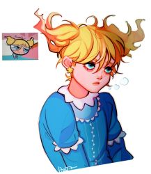 Rule 34 | 1girl, astartaro, blonde hair, blue eyes, blue pajamas, bubbles (ppg), buttercup redraw challenge (meme), derivative work, earrings, highres, jewelry, long sleeves, meme, messy hair, pajamas, powerpuff girls, procreate (medium), reference inset, screenshot inset, screenshot redraw, signature, simple background, solo, star (symbol), star earrings, twintails, upper body, white background