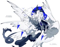 Rule 34 | absurdres, aircraft, airplane, artist name, black wings, blue eyes, blue sclera, bright pupils, claws, colored sclera, crrn, dragon, english text, extra eyes, feathered wings, flying, full body, hair over one eye, head wings, highres, jet, long hair, long tail, looking at viewer, multiple wings, no humans, original, paper airplane, simple background, tail, twitter username, white background, white hair, white wings, wings