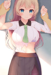 Rule 34 | 1girl, against wall, black pantyhose, blonde hair, blue eyes, blush, bra, breasts, closed mouth, crescent, green neckwear, hands up, holding another&#039;s wrist, komone ushio, large breasts, long hair, looking at viewer, original, pantyhose, shirt, shirt tucked in, skirt, solo focus, standing, sweat, torn clothes, torn shirt, torn skirt, underwear, white shirt