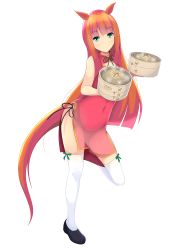 Rule 34 | 1girl, absurdres, animal ears, bamboo steamer, black footwear, breasts, china dress, chinese clothes, covered navel, dress, food, full body, green eyes, highres, horse ears, horse girl, horse tail, long hair, looking at viewer, orange hair, red dress, silence suzuka (umamusume), simple background, small breasts, smile, solo, standing, standing on one leg, tail, thighhighs, uechirou, umamusume, very long hair, white thighhighs