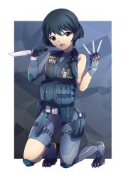Rule 34 | 1girl, 9s0ykoyama117, absurdres, alternate costume, asymmetrical clothes, asymmetrical sleeves, belt, between fingers, black eyes, black hair, blue background, blue bodysuit, blue gloves, bodysuit, border, bullet, combat knife, commentary, emblem, english text, girls und panzer, gloves, harness, highres, holding, holding knife, holster, knee pads, kneeling, knife, knife sheath, knife sheath, looking at viewer, open mouth, outside border, pouch, rabbit, reverse grip, sheath, short hair, smile, solo, thigh holster, uneven sleeves, utility belt, utsugi yuuki, weapon, white border