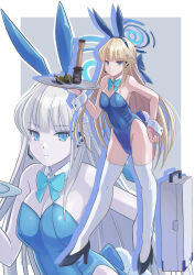 Rule 34 | 1girl, animal ears, blonde hair, blue archive, blue eyes, bow, bowtie, breasts, case, cleavage, covered navel, detached collar, earpiece, explosive, fake animal ears, grenade, hair ribbon, halo, high heels, highres, leotard, long hair, medium breasts, nikulas cage, official alternate costume, playboy bunny, rabbit ears, ribbon, solo, standing, strapless, strapless leotard, thighhighs, toki (blue archive), toki (bunny) (blue archive), tray, white wrist cuffs, wrist cuffs