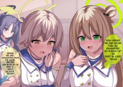 Rule 34 | 3girls, ?, blue archive, blue eyes, blush, brown eyes, brown hair, caramellate, confused, english text, green eyes, halo, hifumi (blue archive), highres, idol clothes, long hair, looking at viewer, mischievous straight uniform (blue archive), multiple girls, nonomi (blue archive), official alternate costume, purple hair, speech bubble, sweat, yuuka (blue archive)