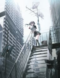 Rule 34 | 1girl, antennae, black hair, black sailor collar, black skirt, black thighhighs, briefcase, brown eyes, building, can, commentary request, day, floating hair, highres, holding, holding can, long hair, long sleeves, looking away, looking to the side, original, outdoors, over-kneehighs, parted lips, pleated skirt, railing, revision, sailor collar, satellite dish, school briefcase, school uniform, serafuku, skirt, solo, stairs, standing, swav, thighhighs