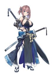 Rule 34 | 1girl, absurdres, baffu, bare shoulders, blue eyes, breasts, brown hair, choker, cleavage, closed mouth, covered erect nipples, full body, greatsword, highres, hitoyo (baffu), holding, holding sword, holding weapon, japanese clothes, katana, kimono around waist, large breasts, looking at viewer, medium hair, nail polish, one side up, original, sandals, sideboob, sidelocks, simple background, smile, solo, sword, weapon, white background