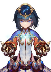 Rule 34 | 1girl, black hair, blue eyes, commentary request, constellation, glowing, hair between eyes, highres, looking at viewer, nakamura eight, puzzle &amp; dragons, short hair, simple background, smile, solo, upper body, white background