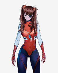 Rule 34 | 1girl, absurdres, artist request, bodysuit, breasts, brown hair, covered navel, curvy, evangelion: 3.0 you can (not) redo, highres, interface headset, light smile, lips, long hair, looking at viewer, medium breasts, neon genesis evangelion, plugsuit, rebuild of evangelion, red bodysuit, shiny clothes, simple background, smile, solo, souryuu asuka langley, standing, twintails, two side up, white background, wide hips