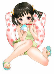 Rule 34 | 1girl, bare arms, bare shoulders, black hair, bowl, casual one-piece swimsuit, child, copyright request, eating, feet, food, full body, holding, holding bowl, holding spoon, innertube, inuburo, looking at viewer, one-piece swimsuit, original, pink eyes, sandals, shaved ice, short hair, short twintails, simple background, sitting, solo, spoon, striped clothes, striped one-piece swimsuit, swim ring, swimsuit, tongue, tongue out, twintails, white background